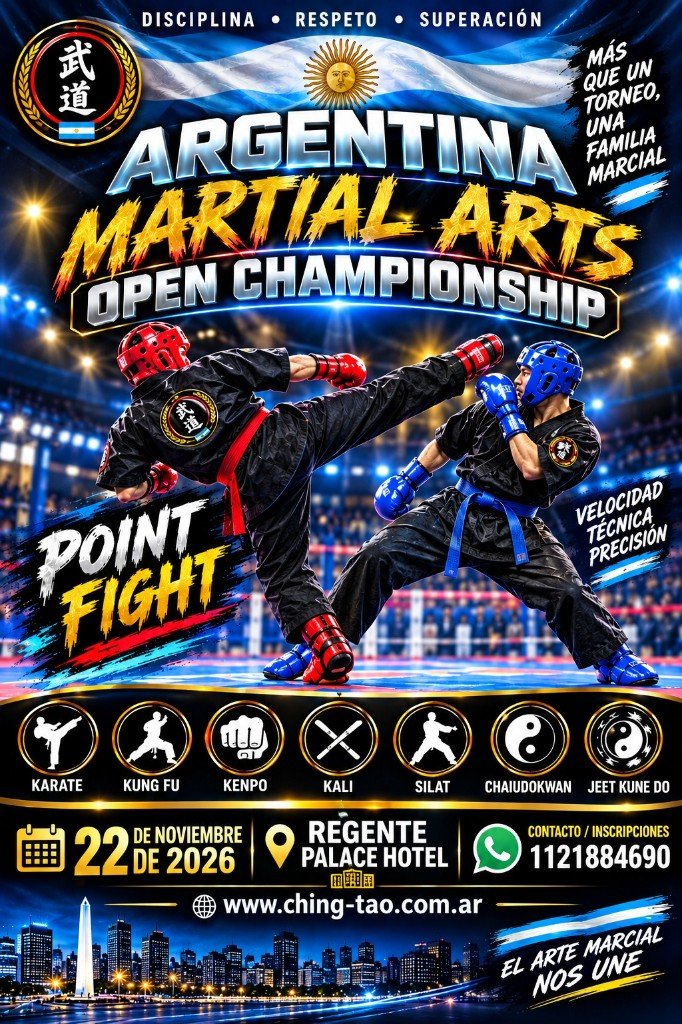 Afiche del Argentina Martial Arts Open Championship. Point fight el 22 de noviembre de 2026 en el Regente Palace Hotel. Inscripciones al 11 2188-4690.